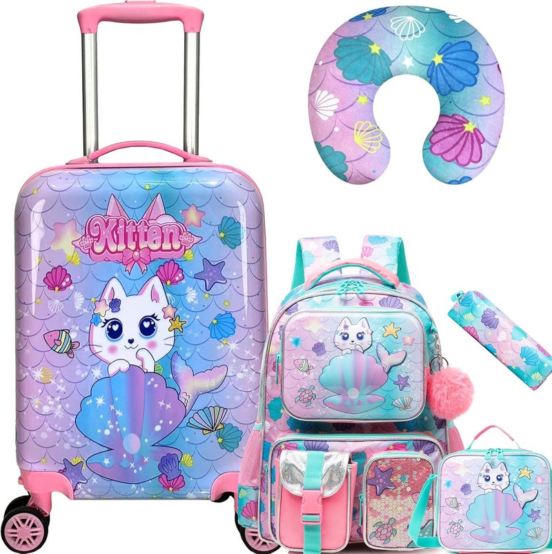 Inprof Cute Cat Kid's Luggage Set - 5 Piece Hardside Suitcase Set with Spinner Wheels - Airline Approved - Image 1